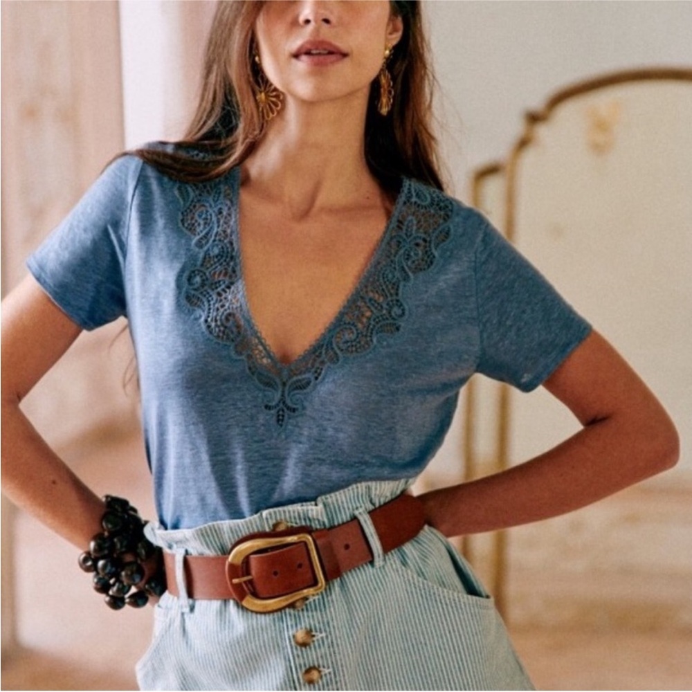 Sezane Mina Top in Vintage Blue - Lace-Trim Short Sleeve Tee